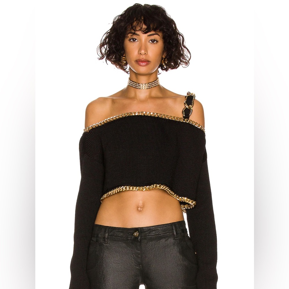BALMAIN NWT
Cropped off-the-shoulder chain-embellished knit top